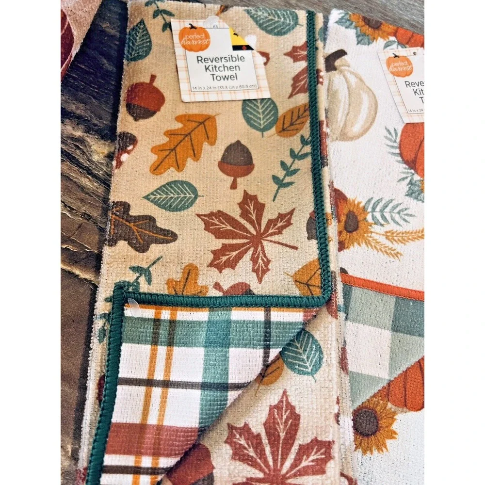 Perfect Harvest Reversible Kitchen Towels‎ Fall Sunflowers Pumpkins Lot of 5 BxG